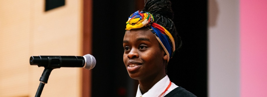Student speaking at 2023 Young Writers Festival, Cambridge